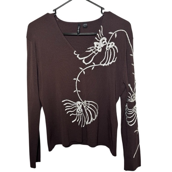 Venini Women’s Pullover Embroidered Floral Brown Long Sleeve Sweater, Size Large - Picture 2 of 4